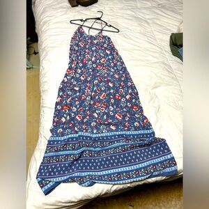 Old Navy Dress Women's SZ S Spaghetti Straps Midi Blue Peasant Paisley A-Line EC